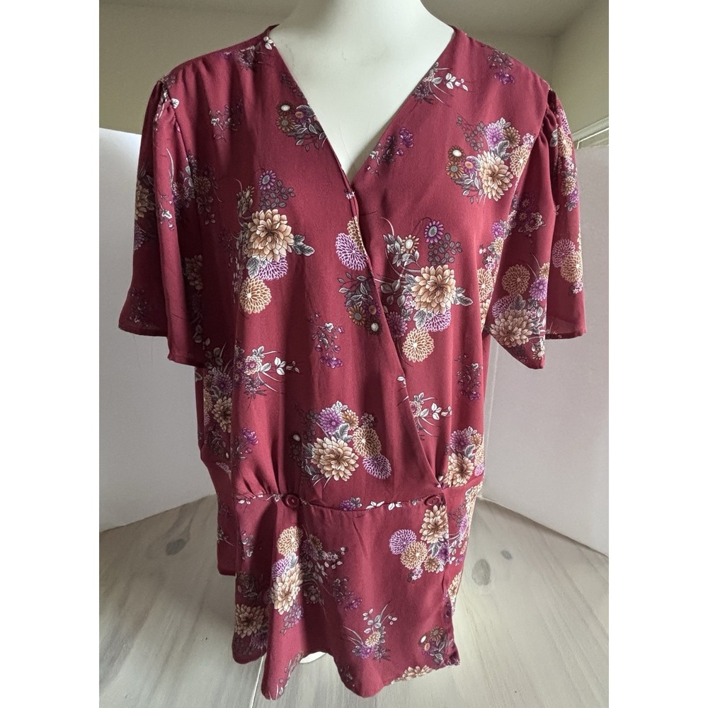 Mauve Womens Top Wrap Front Floral Print  Shirt Blouse Plus Size 2X Boho